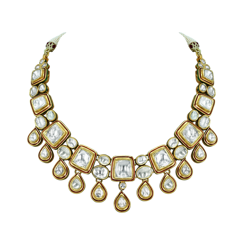 Polki Necklace with Cascading Teardrop and Square Motifs